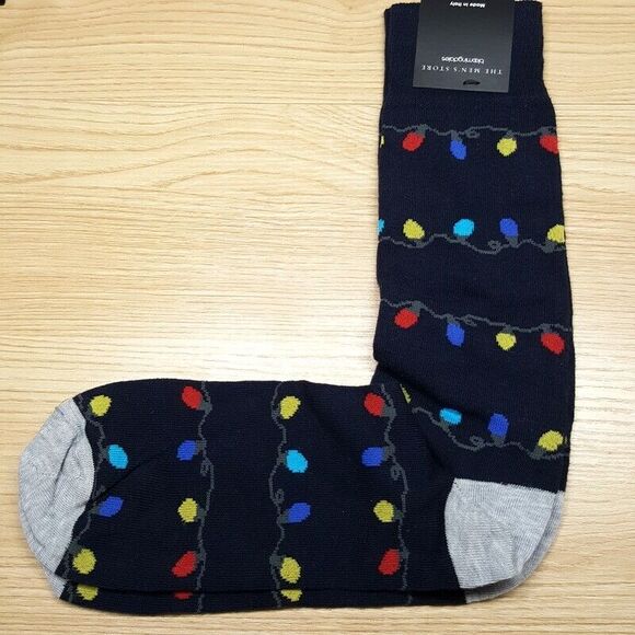 BLOOMINGDALES MENS STORE Navy Holiday Lights Crew Socks Size 10-13 Cotton Blend - Picture 1 of 4